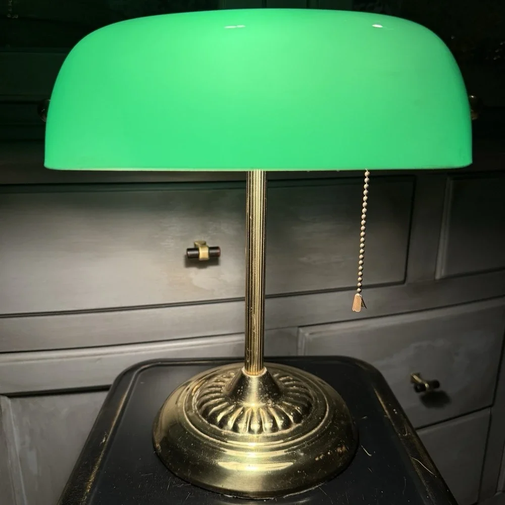 Vintage Bankers Desk Lamp Emerald Green Glass Shade and Column Underwriters Lab